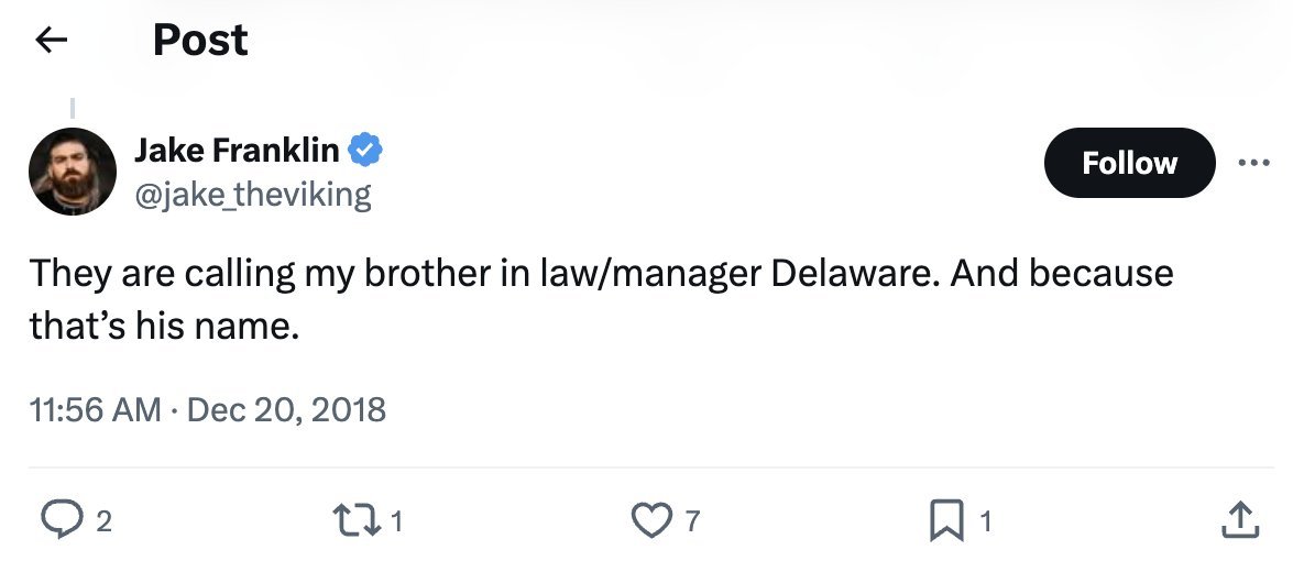 RCCHGaming's tweet photo. With Jake the Viking's confirmation Delaware is his Brother In Law https://t.co/K9wbh9PbJF