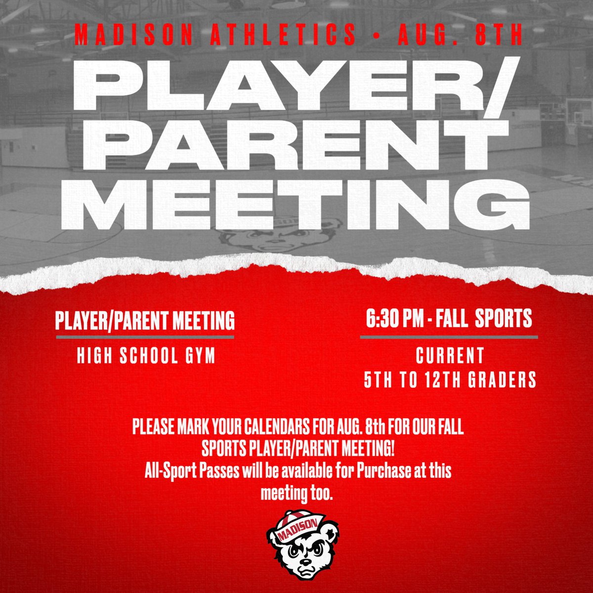 cubsAD's tweet photo. Reminder about All Fall Sports Player &amp; Parent Meeting tonight at 6:30pm in the Main Gym at the High School. Please enter in Door #6.

All -Sport Passes will be On Sale from 5:30pm to 7pm https://t.co/sQSAUEdHjV
