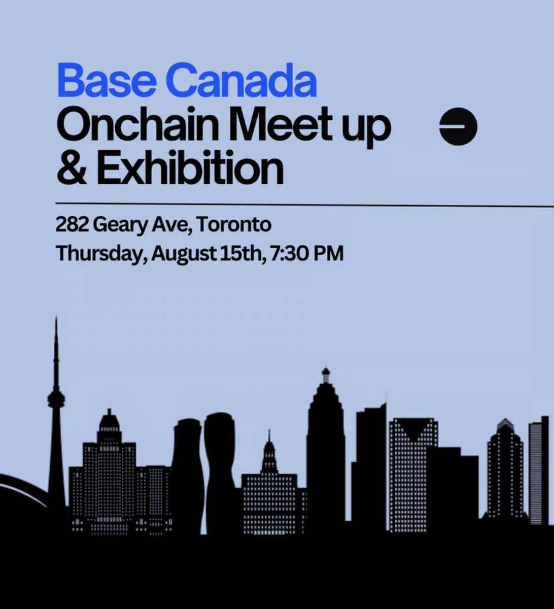 🗣️ OPEN CALL 🔵 

Base Canada 🇨🇦 community is hosting a onchain meetup &amp; art exhibition in Toronto at Goat Gallery <a href="/NFTgoat_art/">Goat Gallery</a> 

During Canada Crypto Week &amp; <a href="/Futurist_conf/">Blockchain Futurist Conference</a> on Aug 15th 🥳

🔵 All entries will be accepted as long as they comply with the guidelines.

Rules &amp; 🔗 ⬇️