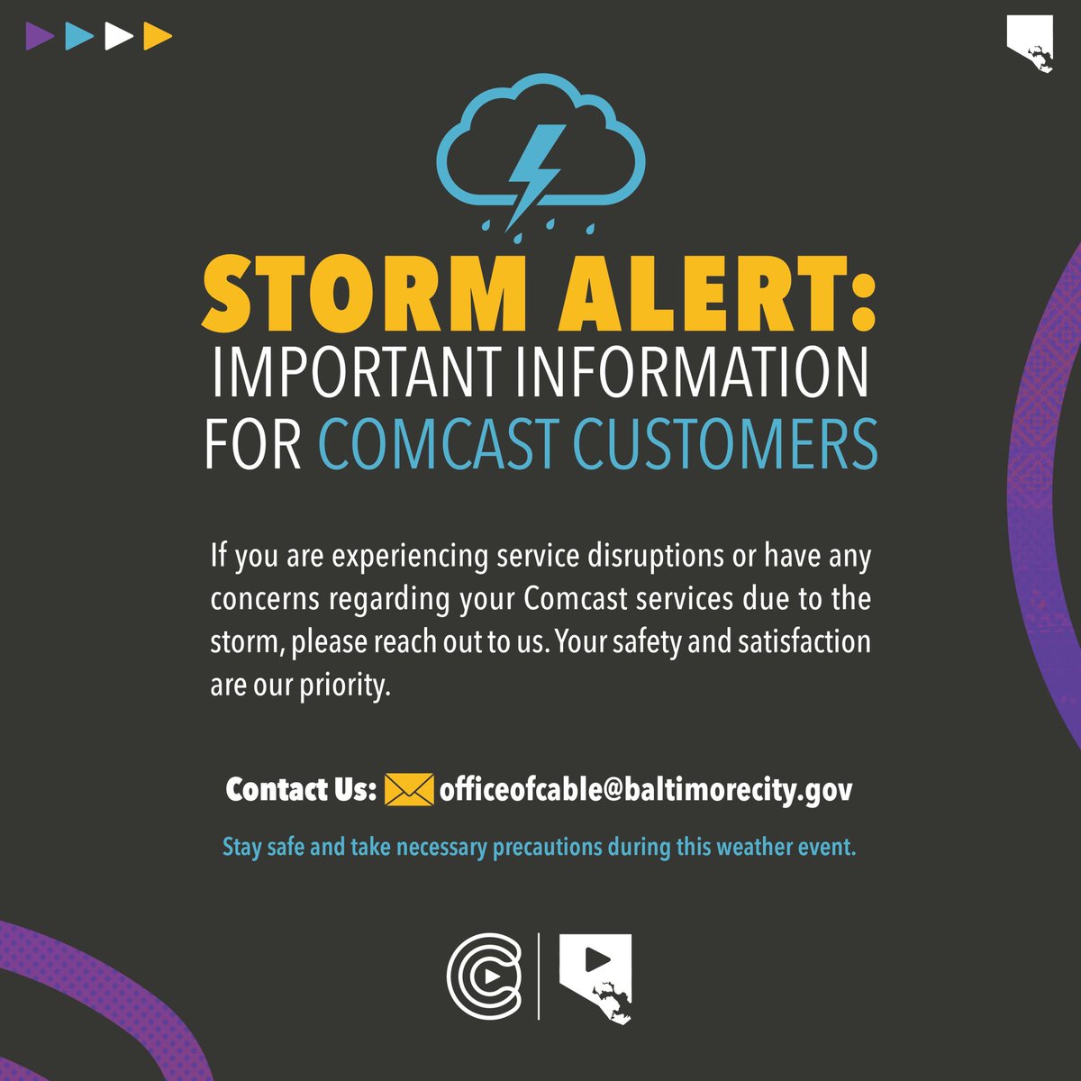 CharmTV Baltimore (@charmtvbmore) on Twitter photo 🌩️ STORM ALERT 🌩️
Important Information for Comcast Customers
If you're experiencing service disruptions or have any concerns about your Comcast services due to the storm, we're here to help! Your safety and satisfaction are our top priorities.
📧 officeofcable@baltimorecity.gov 🌩️ STORM ALERT 🌩️
Important Information for Comcast Customers
If you're experiencing service disruptions or have any concerns about your Comcast services due to the storm, we're here to help! Your safety and satisfaction are our top priorities.
đź“§ officeofcable@baltimorecity.gov