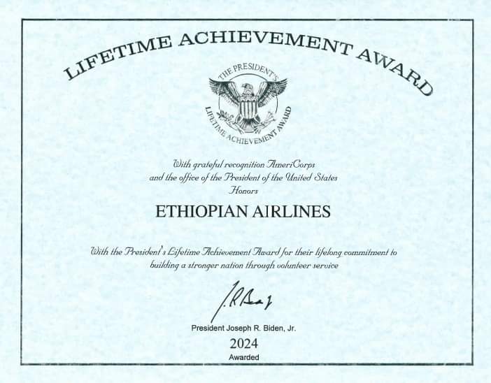 dessalegnmanaye's tweet photo. @flyethiopian has been distinguished with the US President's Lifetime Achievement Award. This accolade recognizes the airline's outstanding contributions and dedicated services to communities in the United States. #lifetimeaward
#Ethiopia
Read more at https://t.co/78NkdZUYrY https://t.co/gql2o36vZ2