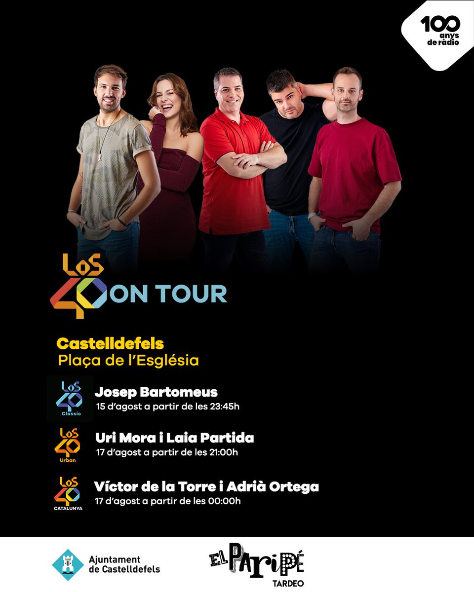 🎧 ELS40 arriba a Castelldefels al COMPLET🚀 Prepara’t per viure una festa inoblidable!

📅 15 d’agost | 23:45h
🔊 ELS40 CLASSIC amb Josep Bartomeus

📅 17 d’agost | 21:00h i 00:00h
🔥 ELS40 URBAN amb Uri Mora i Laia Partida
🎤 ELS40 amb Víctor de la Torre i Adrià Ortega