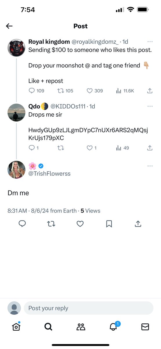 scamminghandles's tweet photo. As a reminder, the blue checkmark no longer indicates that an account has been verified - it is given to accounts who subscribe to X Premium - and as a result, scammers can now have the checkmark.

A good example is @TrishFlowerss, who is running fake giveaways and asking people to DM her, all while using a profile picture stolen from someone else’s Instagram account.