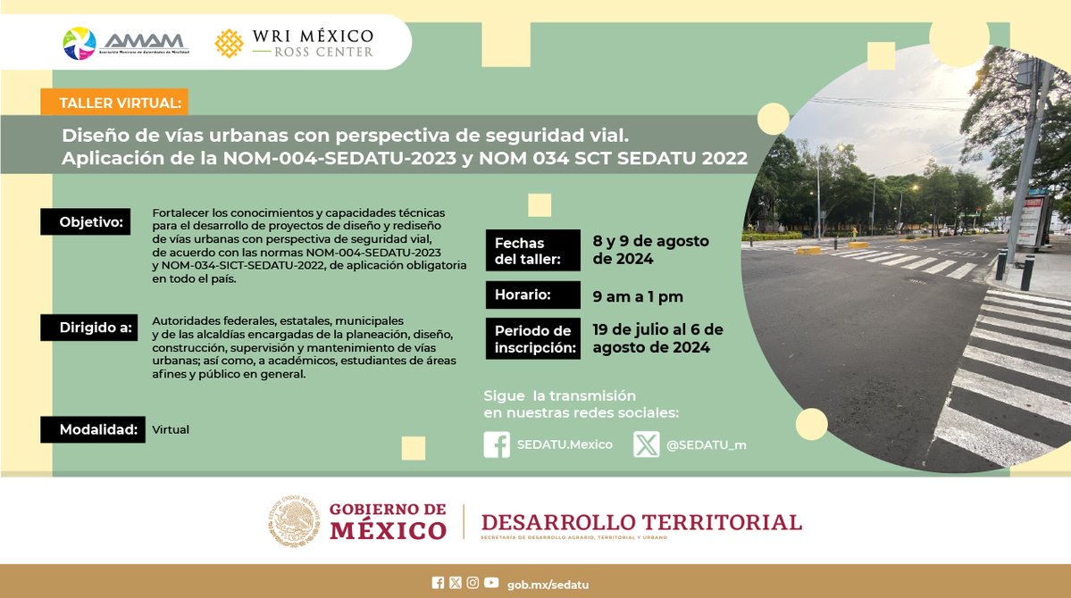 SEDATU_mx's tweet photo. 🔴#EnVivo

Te invitamos al taller virtual 'Diseño de vías urbanas con perspectiva de seguridad vial. Aplicación de la NOM-004-SEDATU-2023 y NOM 034 SCT SEDATU 2022'.

Entra a👉https://t.co/y6r6zZl5Aa y no pierdas detalle. https://t.co/OSQw1ME4Co