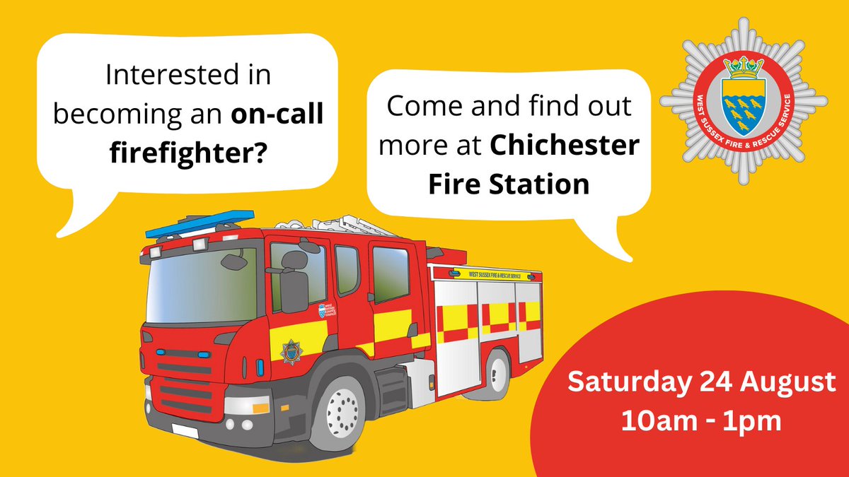 Could you join our on-call crews in Chichester, Midhurst, Petworth, East Wittering, Selsey, Arundel, or Littlehampton? 

Come and have a go at Chichester Fire Station on Saturday 24 August. Find out more at orlo.uk/oIxMS
