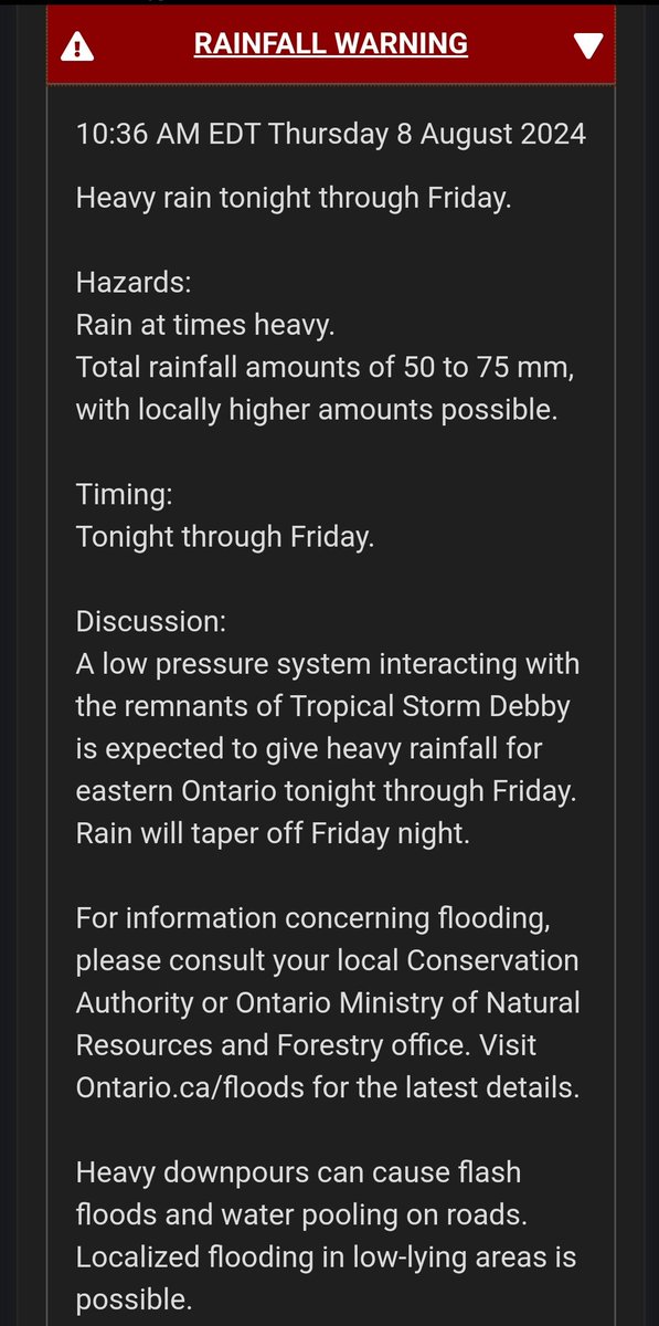 WxOntario1's tweet photo. RAINFALL WARNING (Red) issued for parts of Eastern #Ontario.

50-75+mm of rain possible through Friday

SPECIAL WEATHER STATEMENT (Grey) issued for parts of Central/ Eastern Ont and the #GTA/ #Niagara

25-50mm of rain possible.

#OnWX https://t.co/g99h7QkiPM