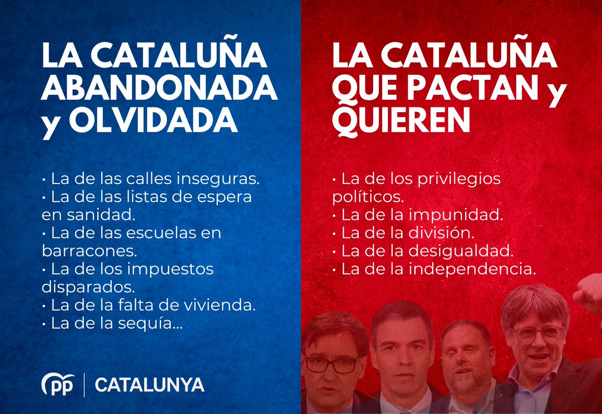 Defendemos una Cataluña de todos que solucione los problemas reales.

Ellos, socialistas y sus socios, prefieren la Cataluña de la impunidad, la desigualdad y los privilegios políticos.