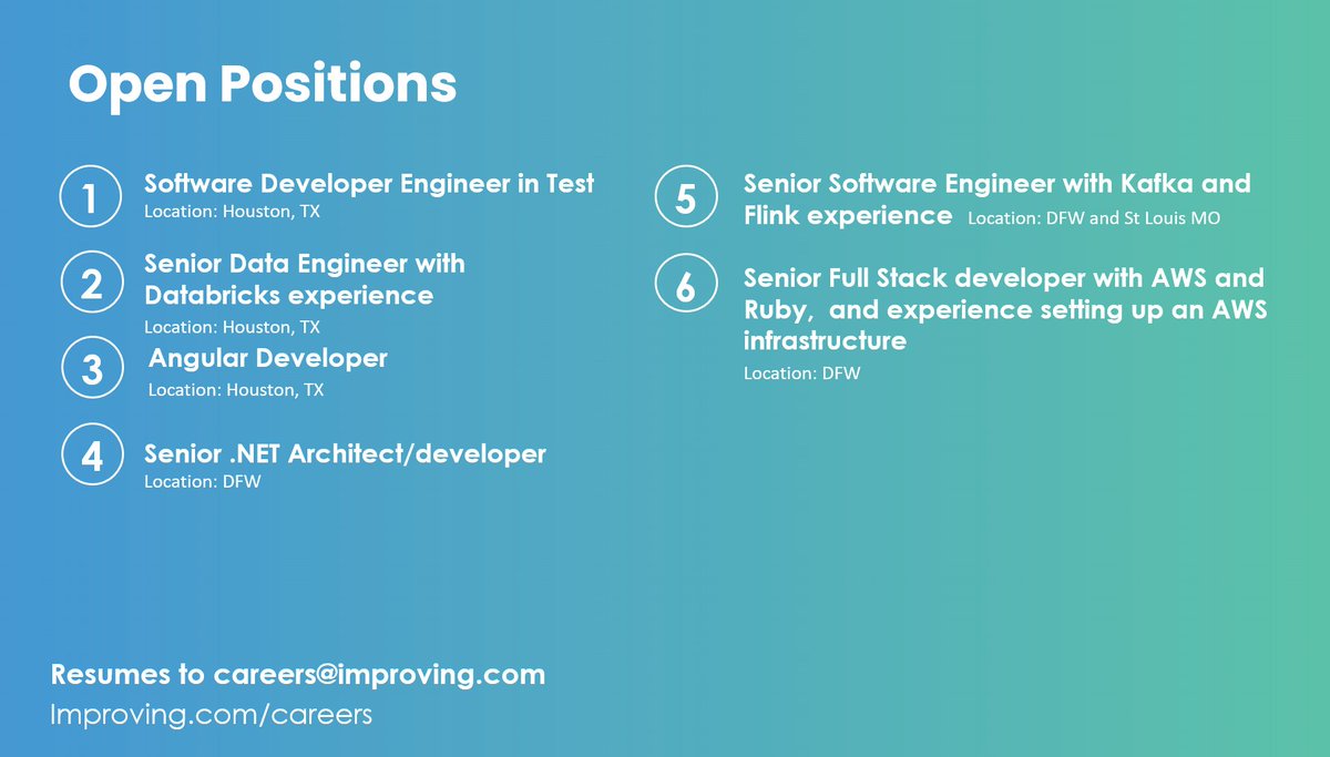 . <a href="/improving/">Improving</a> is hiring!
#houston #dfw #StLouis #flink #Kafka #Ruby #AWS #Databricks #Angular #dotnet