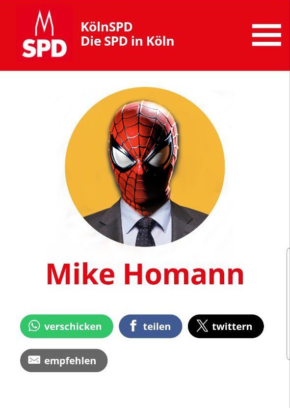 DiePARTEIKoeln's tweet photo. Nein!! 😲 Das gibts doch gar nicht! Bekommt die sPD Köln jetzt einen neuen Superhelden? 🕷️
https://t.co/1iAulKuR5k https://t.co/z9AIYDfIjd
