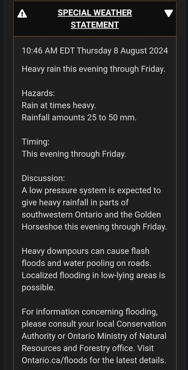 WxOntario1's tweet photo. RAINFALL WARNING (Red) issued for parts of Eastern #Ontario.

50-75+mm of rain possible through Friday

SPECIAL WEATHER STATEMENT (Grey) issued for parts of Central/ Eastern Ont and the #GTA/ #Niagara

25-50mm of rain possible.

#OnWX https://t.co/g99h7QkiPM