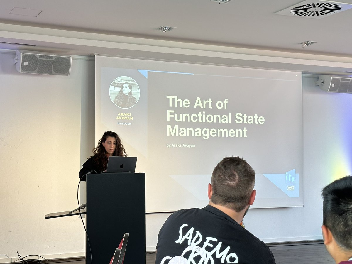 TacticalGrace's tweet image. And we are at the last talk of @SwiftConf — we have @AraksAvoyan talking about“The Art of Functional State Management”.