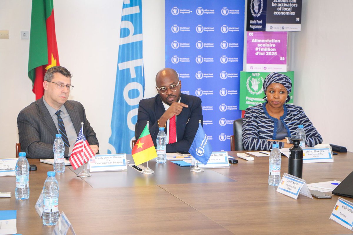 WFP_Cameroon's tweet photo. #Cameroon 🇨🇲                                                             
 Productive meeting with Mr Christopher Gunning, Deputy Chief of Mission @EmbassyBangui; and Mr  Philippe Accilien, @USAID Country Rep.  Grateful for their support to 🇨🇫 refugees in 🇨🇲
#SavingLives https://t.co/bY0QAwEyrW