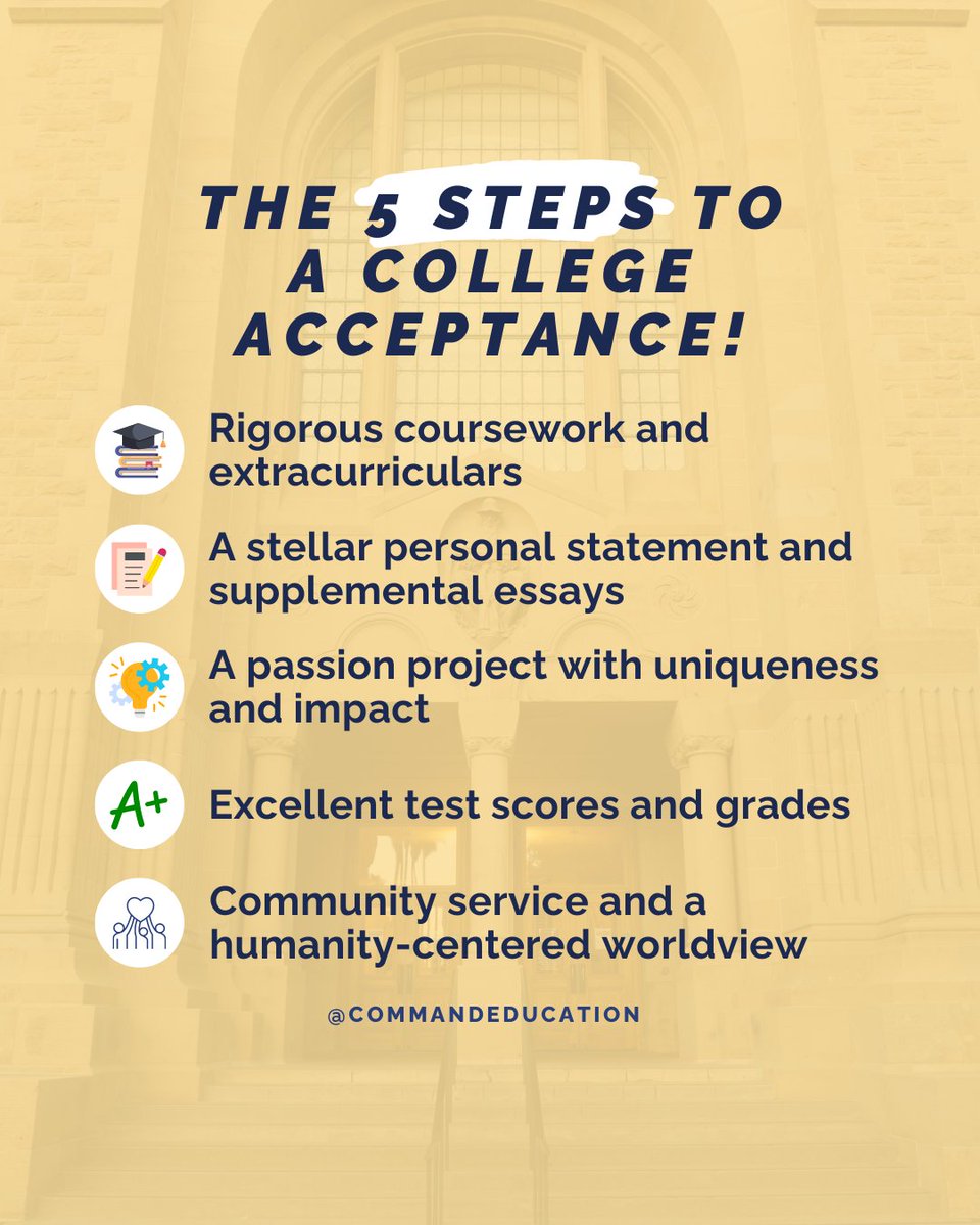 commandedu's tweet image. 📚🏫✨ Ever wondered what the top schools in the nation are looking for in a winning college application? Take a look at these 5 key components!

#CollegeApplication #TopSchools #AdmissionsTips #CollegePrep #CollegeBound #CollegeAdmissions  #HigherEducation #CollegeAppTips