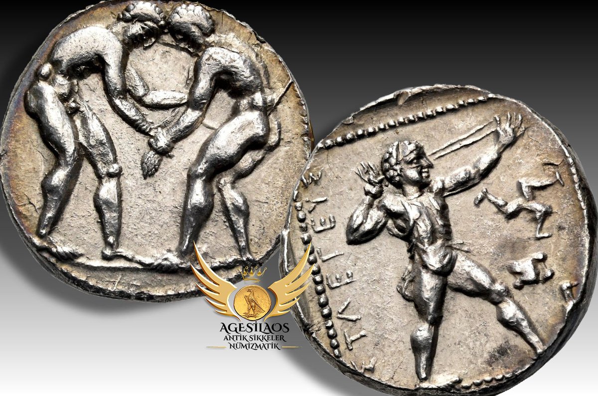 AntikSikkeler's tweet photo. #Greek #Pisidia #Selge - ΣΕΛΓΕΩΝ/ΣΤΛΕΓEYΣ 
#Selge and the nearby Pamphylian city of #Aspendos were famous for their closely related stater coinages [in a few cases probably cut by the same engravers], which usually show a pair of wrestlers on the obverse, presumably referring to local #games, and a #slinger on the reverse: the area from which these staters came was famous for its slingers, who served as mercenaries in most of the armies of the period.