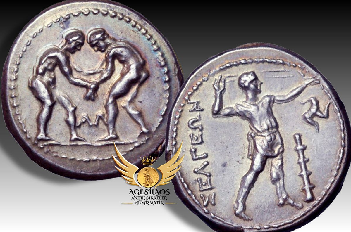 AntikSikkeler's tweet photo. #Greek #Pisidia #Selge - ΣΕΛΓΕΩΝ/ΣΤΛΕΓEYΣ 
#Selge and the nearby Pamphylian city of #Aspendos were famous for their closely related stater coinages [in a few cases probably cut by the same engravers], which usually show a pair of wrestlers on the obverse, presumably referring to local #games, and a #slinger on the reverse: the area from which these staters came was famous for its slingers, who served as mercenaries in most of the armies of the period.