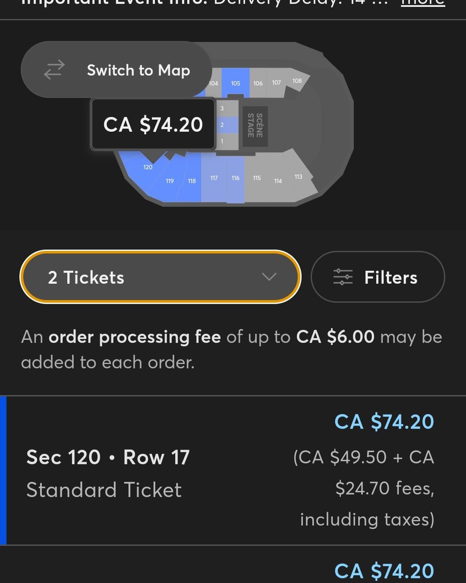 TheGreatGoat97's tweet photo. Are you seriously charging an additional $6 processing fee when there's $24.70 in fees already? Your fees make up over half the price of the ticket. @Ticketmaster 😭 All I want is to see @TheoVon and not be scammed. https://t.co/QliK2yCgaG