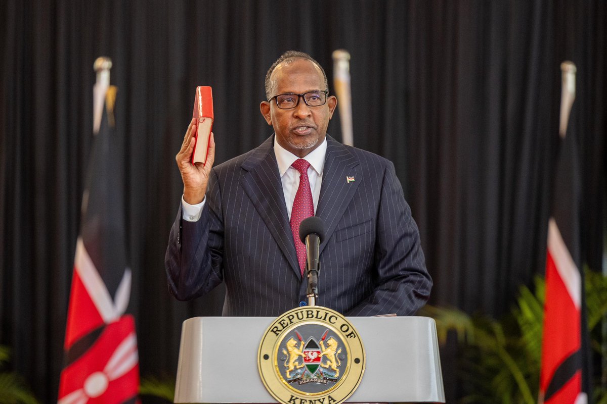 HonAdenDuale's tweet photo. In a ceremony presided over by President @WilliamsRuto and witnessed by a host of national leaders at the State House, Nairobi, this morning I was honoured to be sworn in as Kenya’s Cabinet Secretary for Environment, Climate Change, and Forestry.

Kenya faces urgent environmental challenges that require innovative solutions. As I assume this role, I am committed to tackling climate change, deforestation, and environmental degradation. 

Our goal is to meet our environmental targets and set a standard for sustainable development through science-based, data-driven, and involve collaboration with communities, stakeholders, and international partners. 

I am committed to transparency, accountability, and inclusivity in all our initiatives. By working with all levels of government, civil society, and the private sector, we can achieve a greener, more resilient Kenya. 

I look forward to engaging with you all and building a sustainable future for our country and future generations.