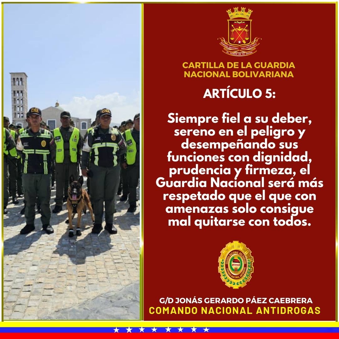 #8Ago
ARTÍCULO 5: 
Siempre fiel a su deber, sereno en el peligro y desempeñando sus funciones con dignidad, prudencia y firmeza, el Guardia Nacional será más respetado que el que con amenazas solo consigue mal quitarse con todos.