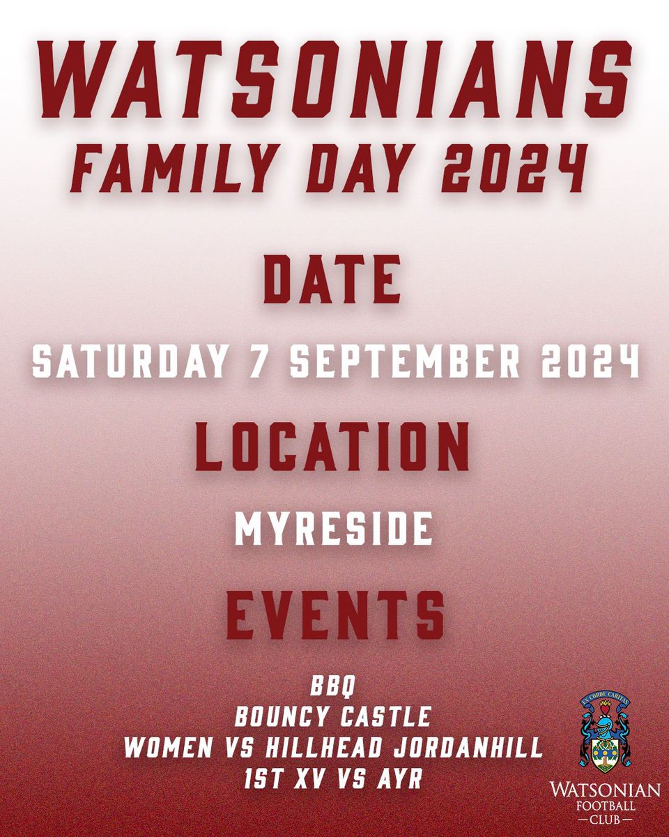 WATSONIANFC's tweet photo. SAVE THE DATE 🗓️ 🛎️ 

Our annual Family Day will take place at Myreside on Saturday 7th September 

BBQ 🍔 ✔️ 

Activities 🥳 ✔️ 

1XV vs @OfficialAyrRFC 🏉 ✔️ 

Watsonian Women vs @hilljillsrugby 🏉 ✔️ https://t.co/GVZ0hx66X7