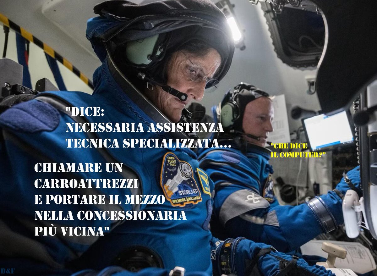 marcosi51306532's tweet photo. #Cronaca
Due #astronauti #Usa bloccati nello #spazio, sull'#Iss fino a #febbraio2025
#Problemitecnici allo #Starliner della #Boeing
#ButchWilmore e #SunitaWilliams forse useranno la #CrewDragon di #SpaceX per il ritorno sulla Terra
#notizie #Elon #Musk #NASA #8agosto #satira https://t.co/mKyIrlqs0J