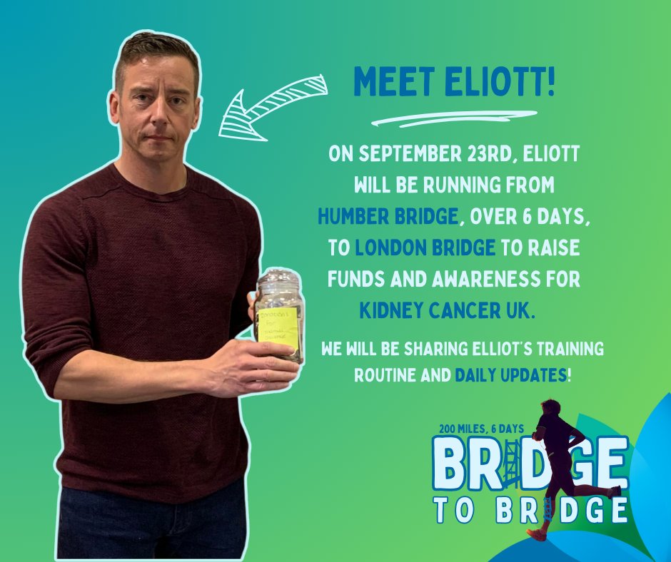 kidneycanceruk's tweet photo. 200 MILES, 6 DAYS, 1 AIM πββοΈ
Eliott has set himself the challenge of raising Β£10,000 by running from Humber Bridge to London Bridge π
Head over to Eliott's donation page: https://t.co/l9HyZFCVXg
#bridgetobridge #fundraising #kidneycanceruk @THEJamesWhale @howdencoffee https://t.co/NBETqCAchH