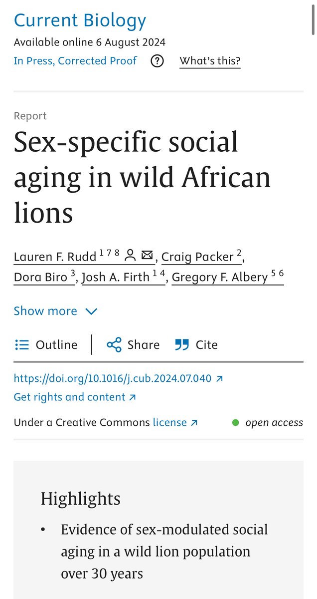 Lauren Rudd (@laurenrudd18) on Twitter photo Excited to share my PhD research is out in <a href="/CurrentBiology/">Current Biology</a> š doi.org/10.1016/j.cub.⦠We use network analyses to examine sex differences in social aging in the Serengeti lion population over ~30 years! We also show the impacts of lifetime sociality on individual longevity š¦ Excited to share my PhD research is out in <a href="/CurrentBiology/">Current Biology</a> š doi.org/10.1016/j.cub.⦠We use network analyses to examine sex differences in social aging in the Serengeti lion population over ~30 years! We also show the impacts of lifetime sociality on individual longevity š¦