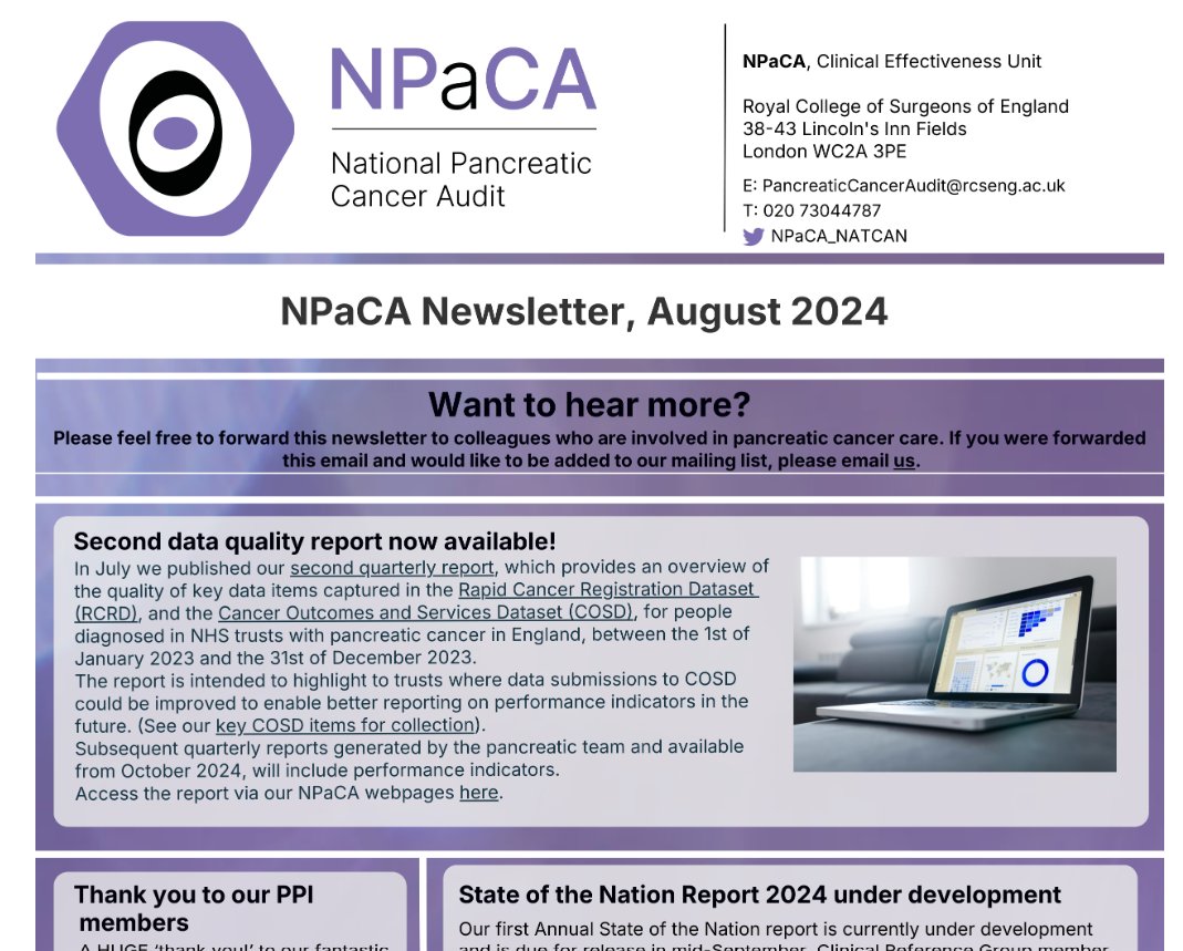 Our latest newsletter is here! bit.ly/4dzop8H
<a href="/PancreaticCanUK/">Pancreatic Cancer UK</a> <a href="/OfficialPCA/">Pancreatic Cancer Action</a> <a href="/letswinpc/">Let's Win Pancreatic Cancer 💜</a>  <a href="/NatPancFdn/">The National Pancreas Foundation</a> <a href="/minhaepark5/">Min Hae Park</a> <a href="/ganeshradhakr12/">ganesh radhakrishna</a> <a href="/amsmithleeds/">Andy Smith</a> <a href="/Augishealth/">AUGIS</a> <a href="/BritSocGastro/">BSG</a> <a href="/lgoodbu/">Lesley Goodburn</a> <a href="/AliStunt/">Ali Stunt 💜🇺🇦</a> <a href="/NHSuk/">NHS</a> <a href="/HQIP/">Healthcare Quality Improvement Partnership</a> <a href="/JillStoddart/">Jill Stoddart</a> <a href="/GlobalHPBSurg/">Global HPB Surgery</a> <a href="/bmj_latest/">The BMJ</a> <a href="/HealthFdn/">The Health Foundation</a> <a href="/PancSocGBI/">PANCREAS SOCIETY GBI</a>
