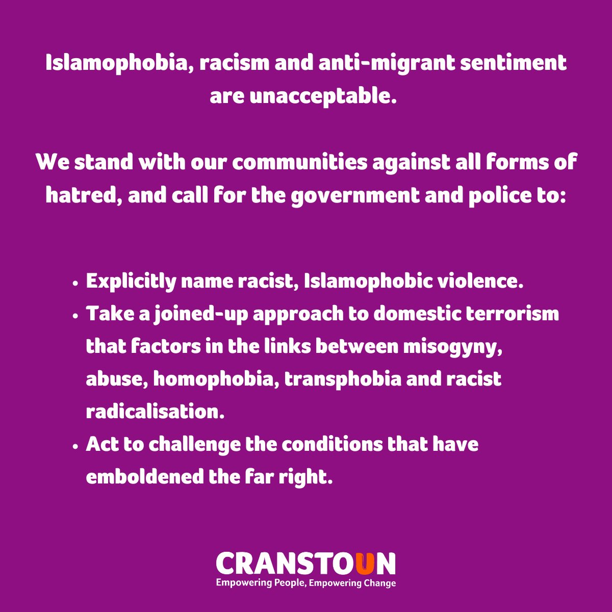 As a social justice organisation we stand against Islamophobia, racism and all forms of hatred. Significant changes must be made to ensure this violence is never repeated.

Read our full statement: cranstoun.org/news/cranstoun…