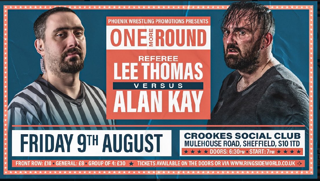 TOMORROW - TICKETS REDUCED TO £5

Alan Kay vs <a href="/refelee844/">Referee Lee Thomas</a> 

Tickets ———-&gt; …oenix-events-yorkshire.sumupstore.com