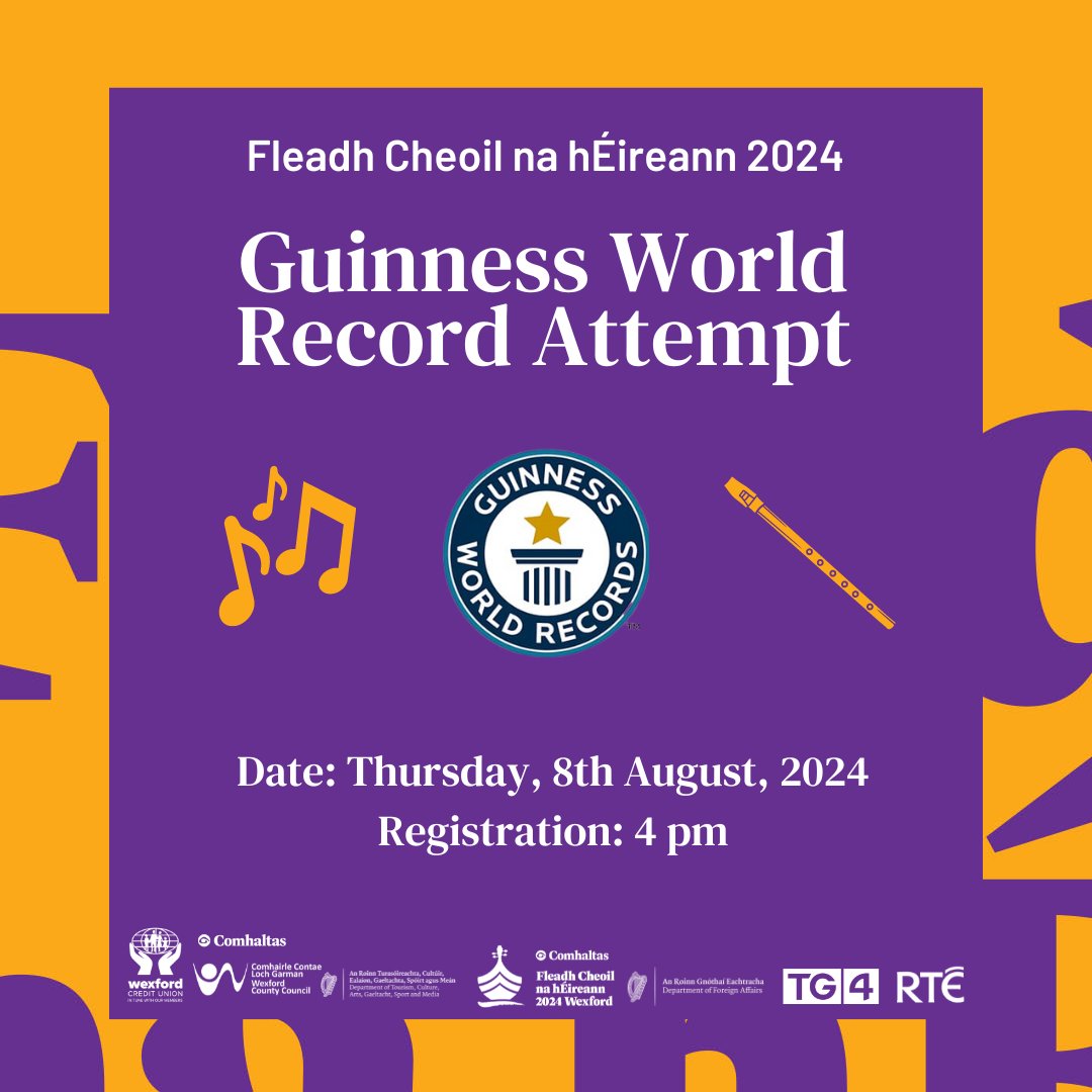 REMINDER  🚨

Join us today, Aug 8, as we attempt to break the Guinness World Record for the largest group playing Tin Whistles over a continuous 5-min period! We are expecting a big turnout, so please ensure you arrive on time, and don’t forget your tin whistle! 🎶🎶🎶