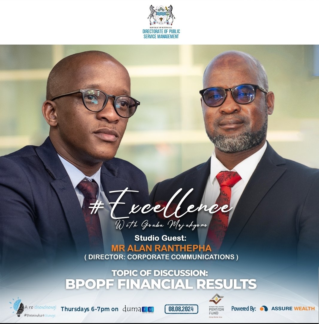 Discussin' <a href="/bpopf/">Botswana Public Officers Pensions Fund</a> financial results @ 6pm on <a href="/DumaFMRadio/">DumaFM</a> sponsored by @assurewealth. MEMBERS DONT MISS OUT!