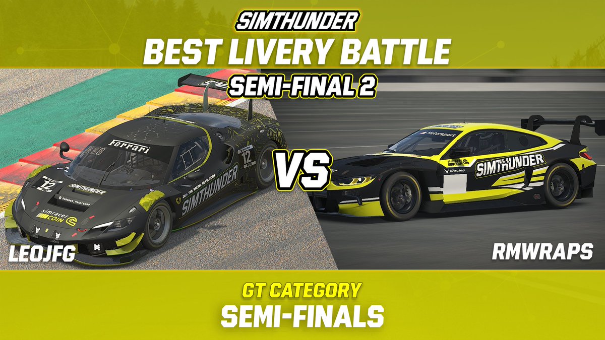SimThunder's tweet photo. 🏁 #BestLiveryBattle GT Semi-Final 2! 🎨🚗
🔥 LeoJFG vs RMWraps - 24h to cast your vote and enter a 1000 $SRC #giveaway!

👀 More images in the next tweet! To enter:
✅ Follow @SimracerCoin & @Simthunder
✅ Like & RT
✅ Comment bellow with your favorite's username

🎁 Livery winner decided by votes in 24h, giveaway winner picked after 11 AM UTC, August 9th.