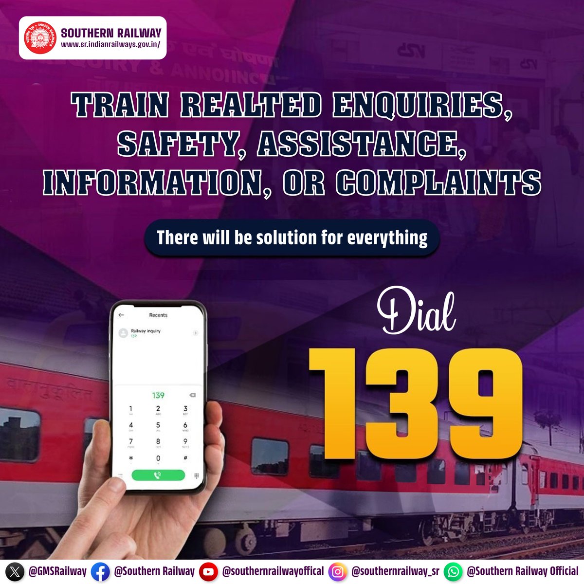 Need help with your train journey?
Dial 139! 🚂📞 

#IndianRailways helpline is here to assist you with any train-related queries, safety concerns, or complaints.

#TrainTravel #Helpline #CustomerSupport #SouthernRailway #RailMadad