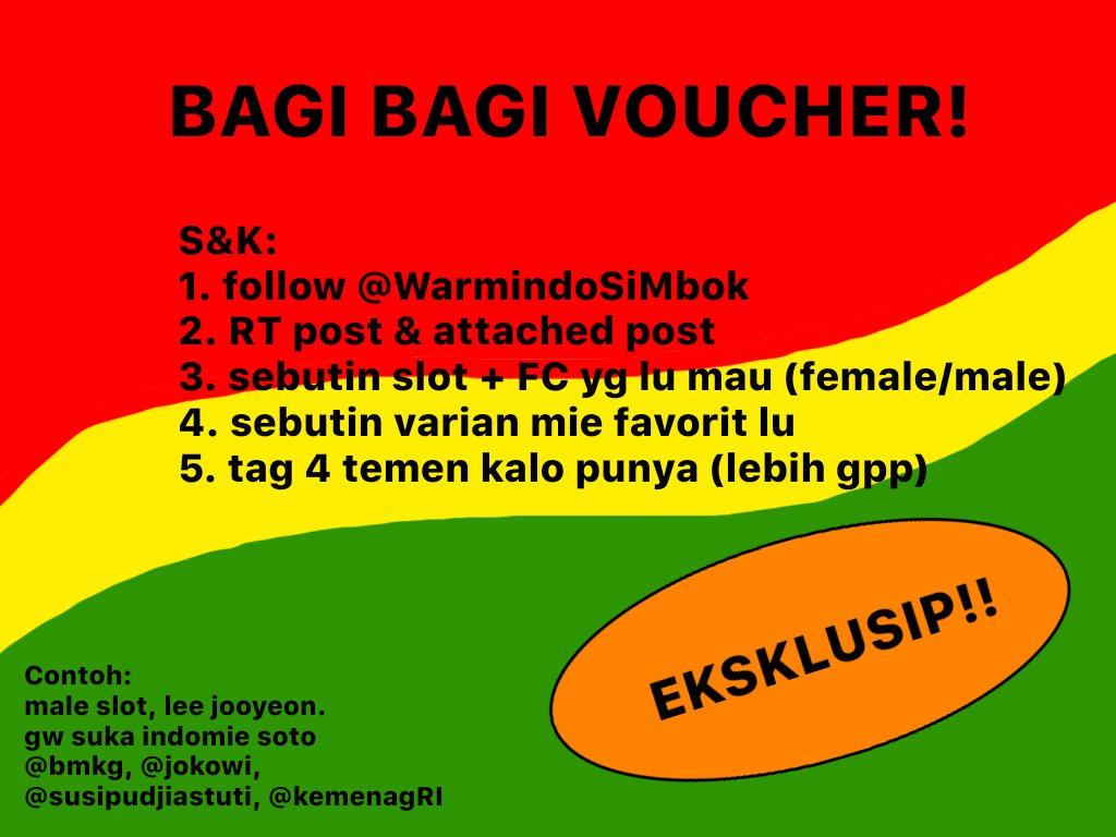WarmindoSiMbok's tweet photo. SIAPA MAU VOUCHER GRATIS?
Ikutin syaratnya kayak yang di banner, yak! Jangan lupa ajak temen-temen lu mampir kemari, biar Warmindo Mbok Inem makin rame! Bagi-bagi voucher terbatas sampe tanggal 9 Agustus jam 17.00 aja, jangan kelamaan https://t.co/TUp6PSJr2K