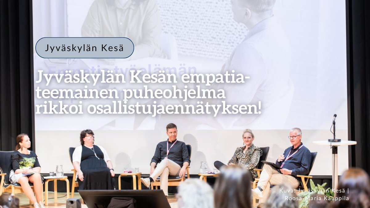 Jyväskylän Kesässä järjestettiin empatia-teemainen puheohjelma, joka keräsi tänä vuonna ennätysmäärän kävijöitä. Puheohjelman lähetykset mukaan lukien osallistujia oli 50 000. Puheohjelma on vuoden ajan katsottavissa tallenteina. ⏩ r.jyu.fi/FBK <a href="/JyvaskylanKesa/">Jyväskylän Kesä</a>