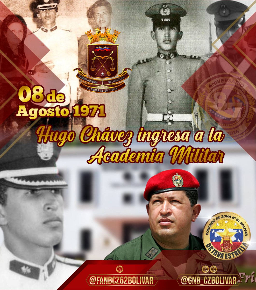 #8Jul, se cumplen 53 años del ingresó de Hugo Chávez a la Academia Militar de Venezuela. Alma Mater que lo formaría como soldado de la Patria, cultivando sus ideas revolucionarias para asumir años más tarde el liderazgo de la Revolución Bolivariana.

#PuebloSonrienteYEnPaz