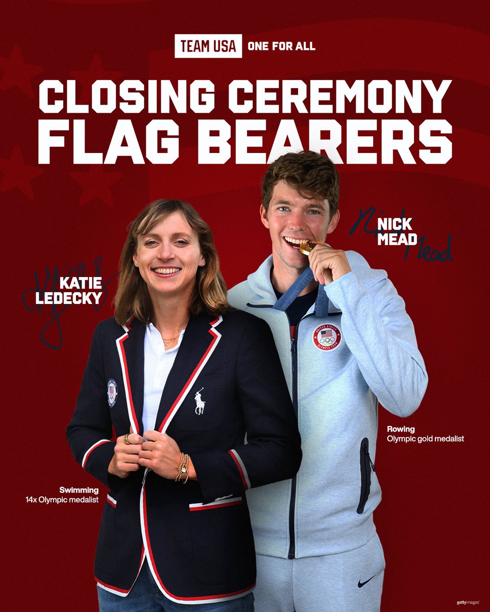 CLOSING U.S. OUT 🇺🇸

14x Olympic medalist <a href="/katieledecky/">Katie Ledecky</a> and Olympic gold medalist Nick Mead will lead Team USA as flag bearers at the Closing Ceremony!

#ParisOlympics