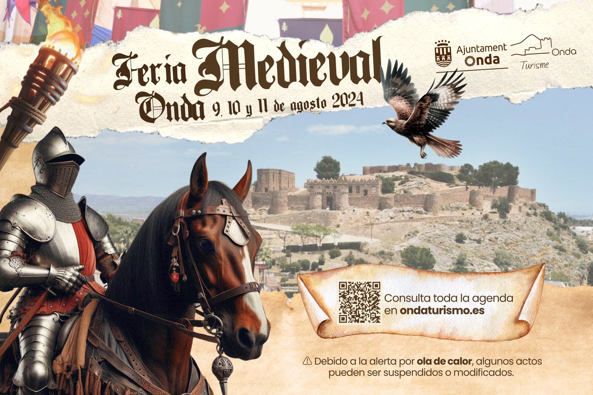 🐎 Del 9 al 11 de agosto Onda se transformará en una auténtica ciudad medieval. 🏰 

🙌 Disfruta de espectáculos, talleres, actividades para toda la familia y mucho más. 👑

🔗 Consulta toda la programación de la #FeriaMedieval 2024 en ondaturismo.es