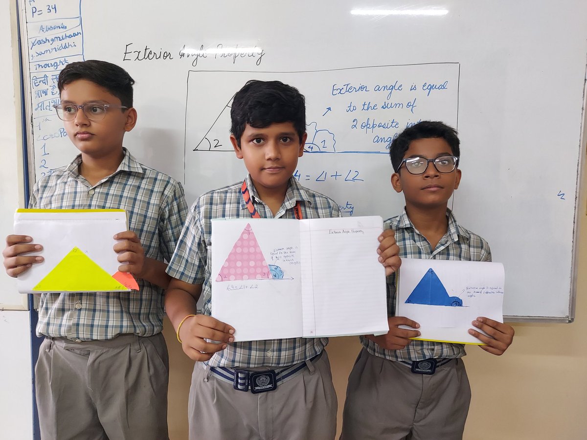 DeeptiSehgal23's tweet image. Bringing geometry to life with hands-on exploration. Ss of #ahlconintl explored the exterior angle property 🔺️ through paper ✂️ @sdg4all @ashokkp @y_sanjay @pntduggal @sunandask21 @harprit_r @renudua89 @Shipra_Srivastv @BahlNamrata @imran_risha #learningwithfun #MathInAction
