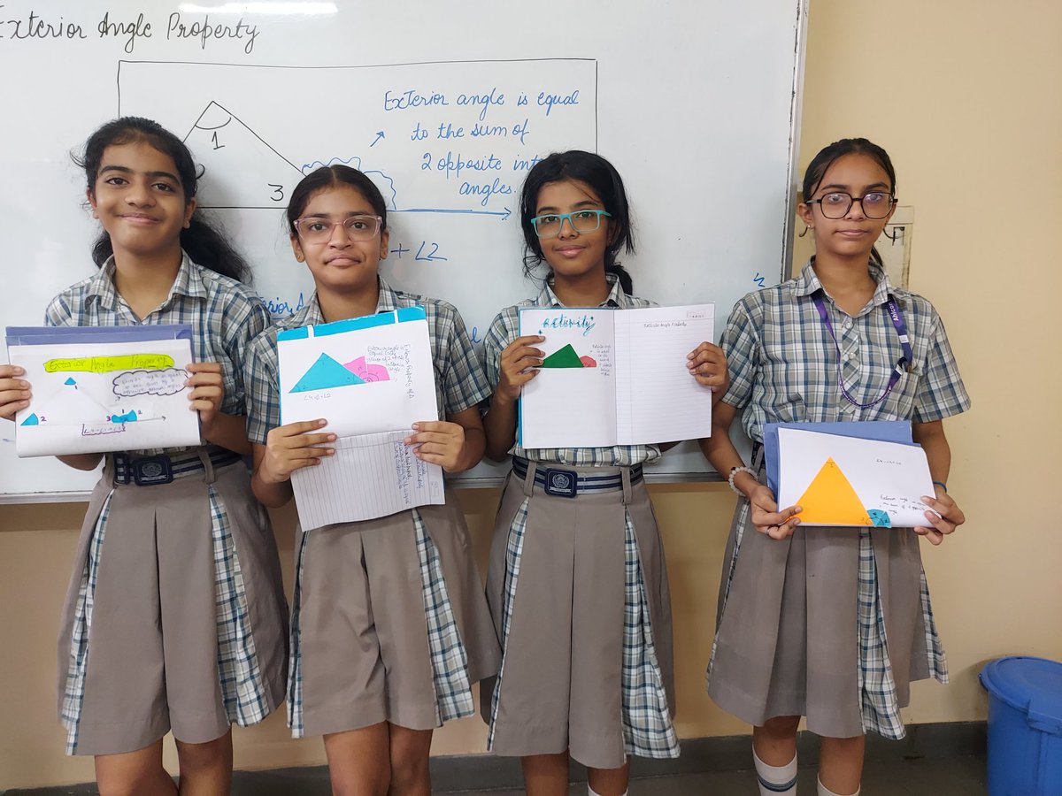 DeeptiSehgal23's tweet image. Bringing geometry to life with hands-on exploration. Ss of #ahlconintl explored the exterior angle property 🔺️ through paper ✂️ @sdg4all @ashokkp @y_sanjay @pntduggal @sunandask21 @harprit_r @renudua89 @Shipra_Srivastv @BahlNamrata @imran_risha #learningwithfun #MathInAction