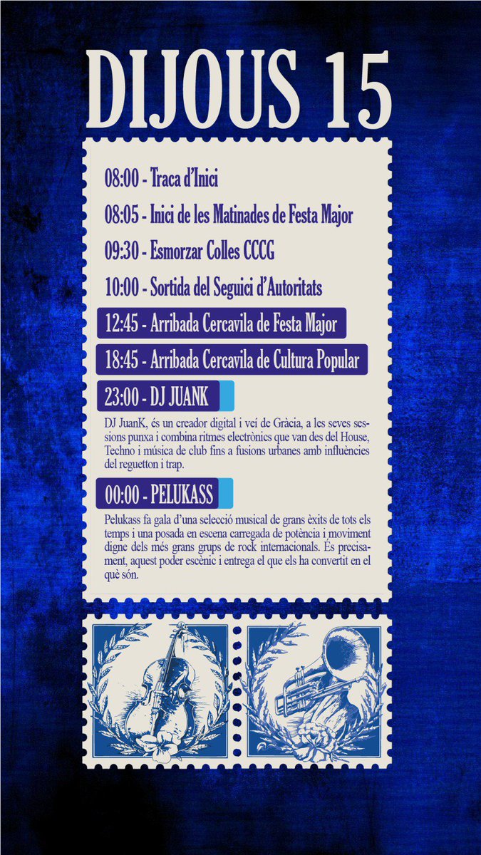 PlVila_FM's tweet photo. Dia 1 - Dijous 15

Ben d'hora despertarem a la Vila amb la Traca i l'inici de les Matinades.

Al matí i a la tarda podreu veure i viure tota la cultura popular de la Vila en un mateix espai.

I a la nit, primeres ballaruques de la mà de DJ JUAN K i PELUKASS.

#RapsòdiaEnBlau https://t.co/vH3mHvVSYG