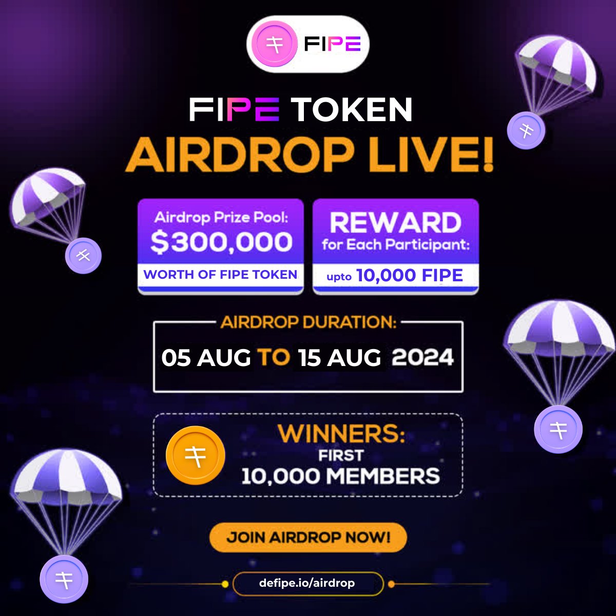 LIVE 🔴
Join the FIPE airdrop now!🎁
✅ $300k worth FIPE tokens up for grabs
✅ First 10,000 members will receive upto 10,000 FIPE each
✅ Airdrop ends on August 15, 2024

🚀 Don't miss out, join now!▶️▶️

Join the airdrop here: defipe.io/airdrop 

#Airdrop #Crypto #DefiPe