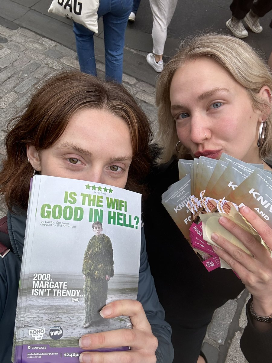 BandOfSisters (@bostheatre) on Twitter photo Thursday morning flyering for our two favourite shows #edfringe
12:40 - <a href="/ISTHEWIFIPLAY/">Is the WiFi Good in Hell? (Play)</a> at <a href="/FollowTheCow/">Underbelly Edinburgh</a>
15:00 - Knives and Forks <a href="/Gildedballoon/">Gilded Balloon</a>
Thursday afternoon schedule done โ๏ธ Thursday morning flyering for our two favourite shows #edfringe
12:40 - <a href="/ISTHEWIFIPLAY/">Is the WiFi Good in Hell? (Play)</a> at <a href="/FollowTheCow/">Underbelly Edinburgh</a>
15:00 - Knives and Forks <a href="/Gildedballoon/">Gilded Balloon</a>
Thursday afternoon schedule done โ๏ธ