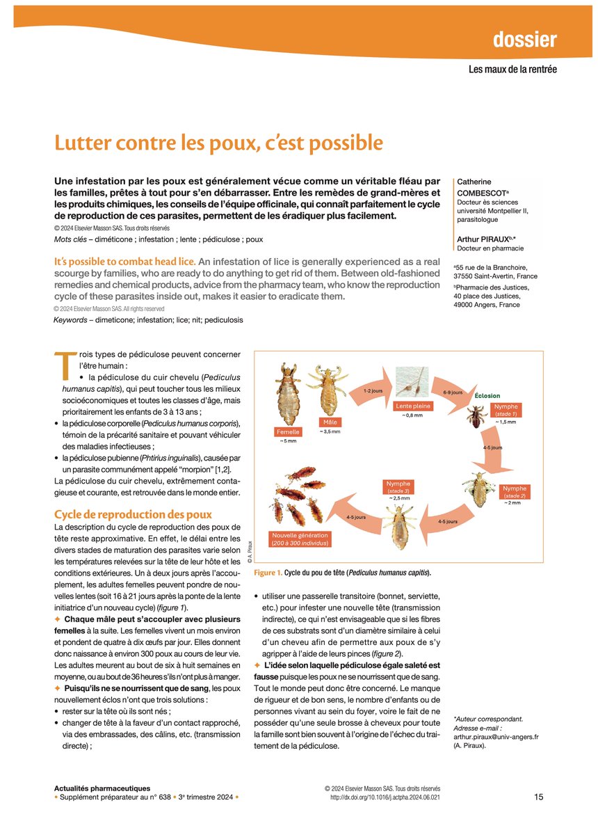Arthur_Piraux's tweet photo. En collaboration avec le Dr COMBESCOT, spécialiste en la matière, nous avons le plaisir de vous partager notre article consacré aux #poux !

Article disponible ici 👉https://t.co/ZMmXDycBg5, dans le prochain numéro des #ActualitésPharmaceutiques, aux éditions @elseviermasson. https://t.co/A8mF7CoutJ