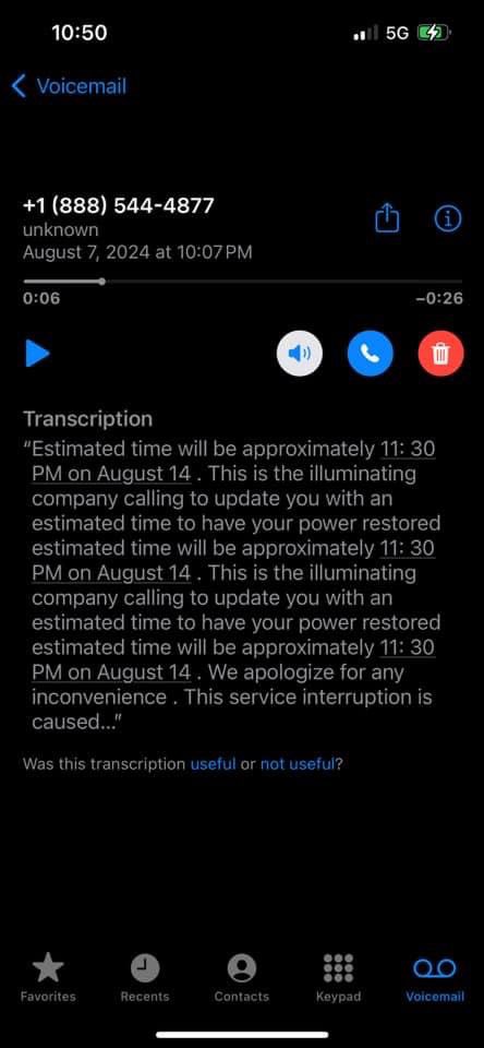 Late last night, residents scattered all over West Park started to receive automated texts and calls saying power will be returned before 8/14/2024. 

That’s 7+ days post storm. 

Hoping for the best, preparing for the worst. Yikes.