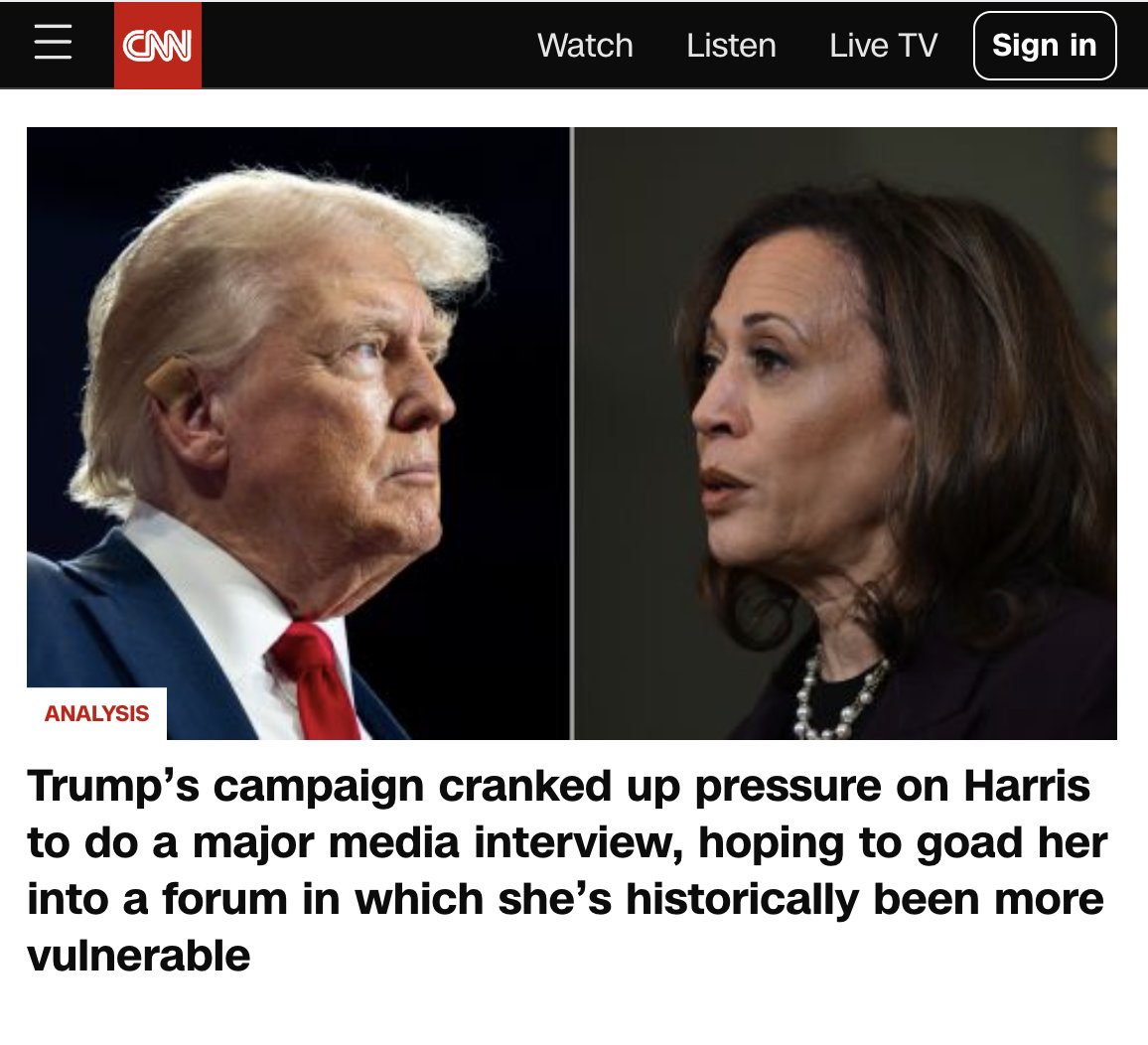 maximlott's tweet photo. CNN's lead story ... the Trump campaign has a devious new plan ... trying to goad Harris into a trap known as a "major media interview" https://t.co/zlb0kAVGp8