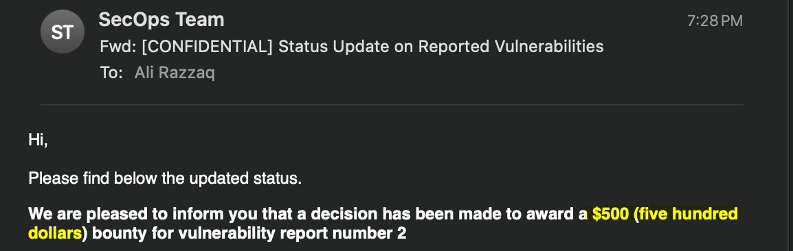 Yay! I was awarded $500 for reporting a security vulnerability.

Bug Type: Broken Authentication via Social Signin

#BugBounty