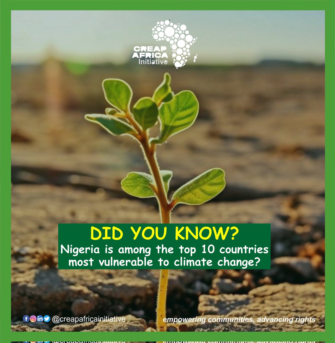 🌡️Did you know that Nigeria is among the top 10 countries most vulnerable to climate change? 🤯 Climate change is having a devastating impact on marginalized communities in Nigeria, leading to:

💧 Water scarcity and pollution
🌫️ Air pollution
🌾 Soil degradation
🇳🇬