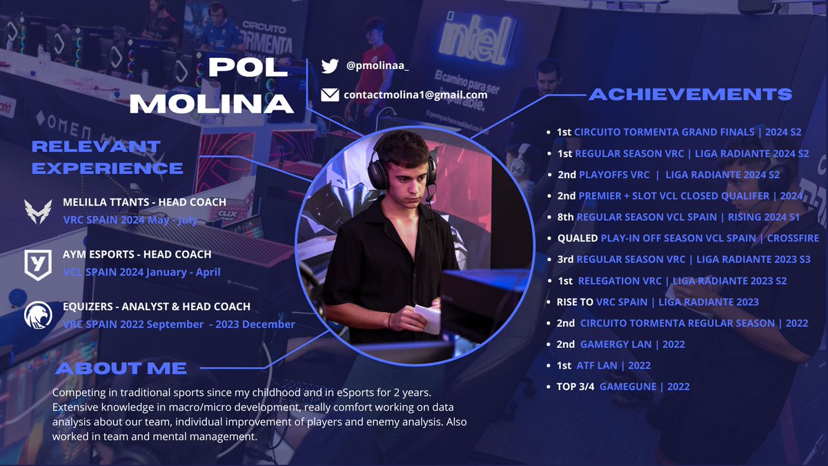 After this incredible season and my time as head coach,  now im back exploring offers as analyst/assistant coach 

- Looking mainly VCL projects
- Feel free to ask ⁠work samples through my DMs

References // <a href="/MrDeza16/">Mario Deza</a> <a href="/ChechuuVAL/">MT Chechuu</a>    <a href="/KronDominguez00/">OTK KronN🐘🐘</a>   
♻️Support is appreciated!