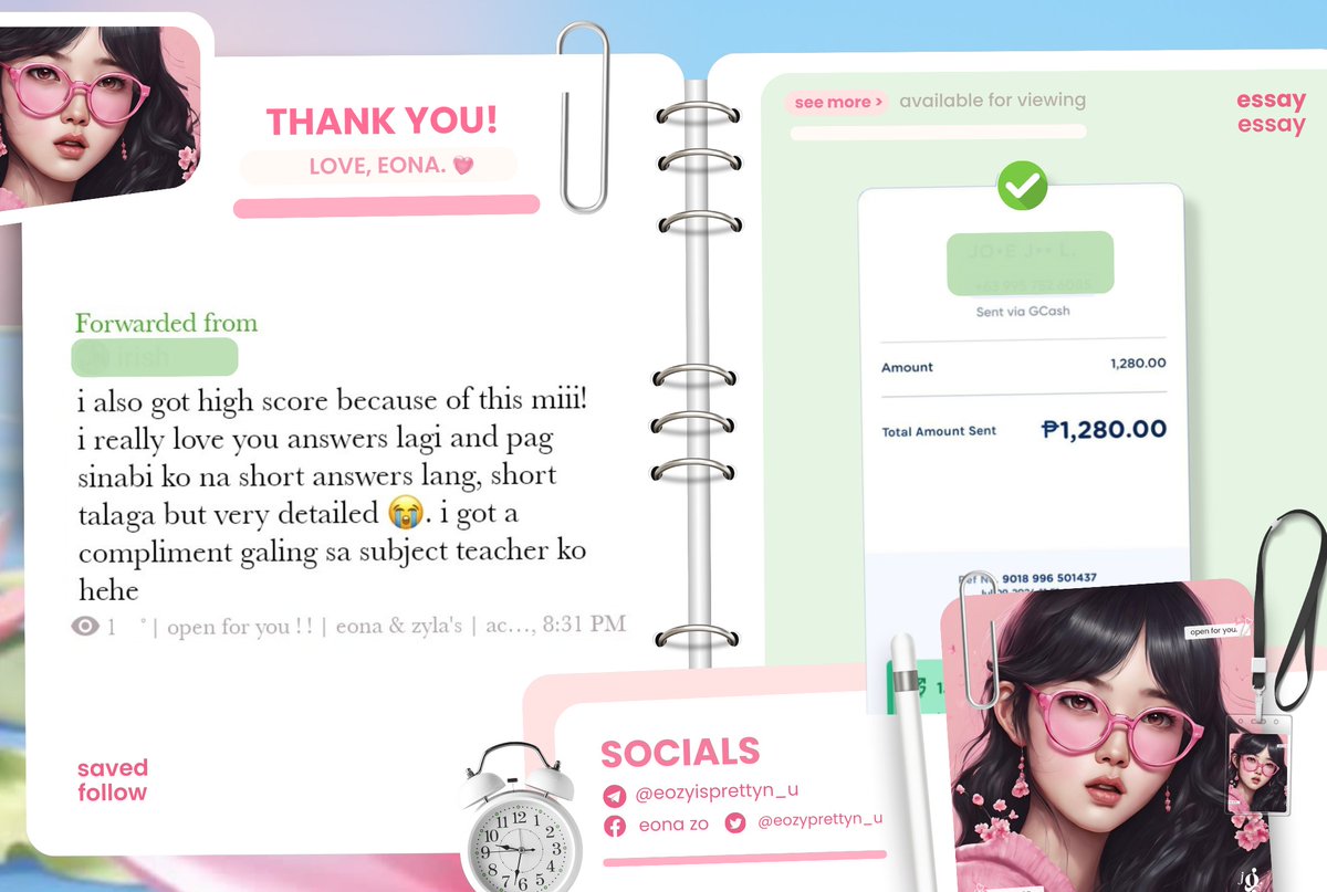 .
𓍯𓂃.🌱📎 : activity ''
 ❝ got a compliment galing sa 
     subject teacher ko! ❞

-- always happy to serve you. thank you so much!💚 

‧        ‧₊˚🖇️ est. 2020 ✩ 
   ₊˚🥞 open for inquiries ⊹ 🌱 
📁｡ see more: t.me/eozyvouches